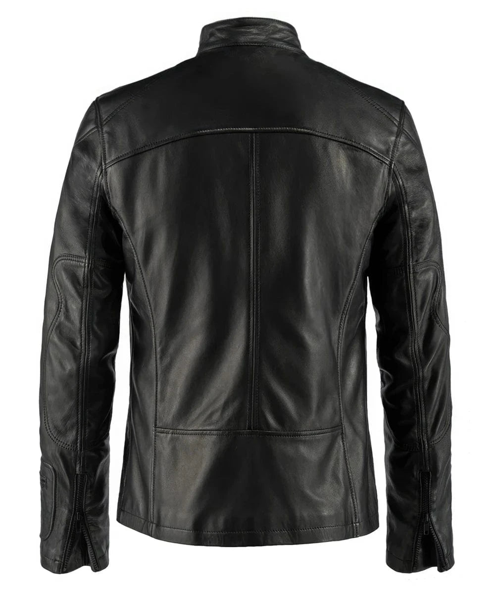 Rear view of the black leather Kirk jacket featuring a modern slim fit, band collar, curved shoulder yoke seam, fitted waist shaping, elbow panel detailing, and zip cuffs with clean sci-fi inspired styling.