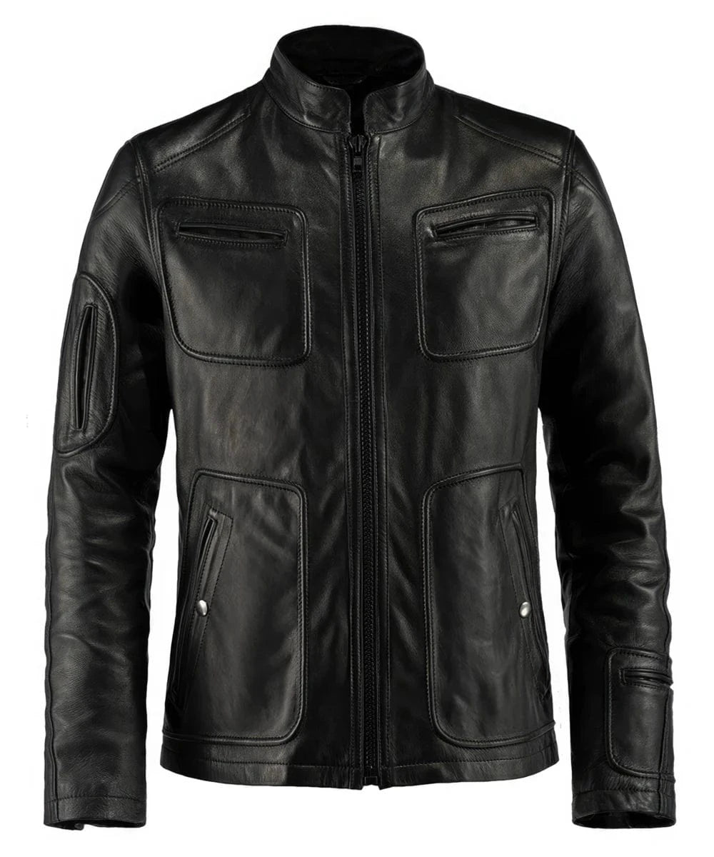 Black leather slim fit Kirk jacket featuring a band collar, front zip closure, oversized chest patch pockets with horizontal zip details, angled lower pockets, and subtle sci-fi inspired panel construction.