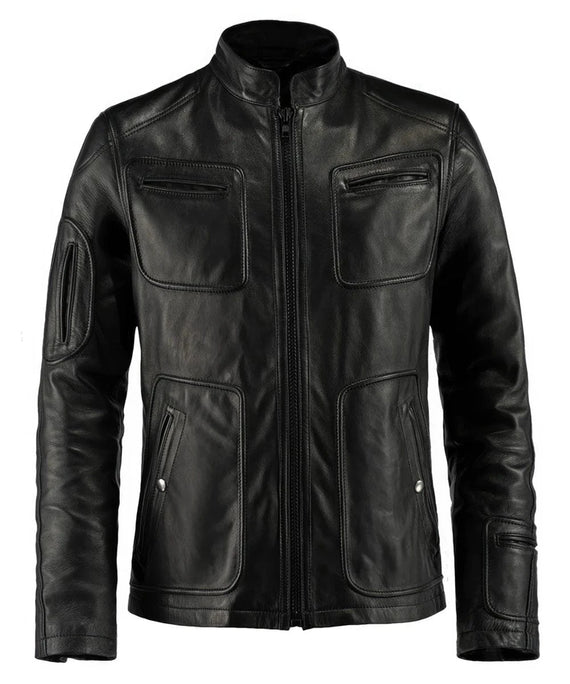 Black leather slim fit Kirk jacket featuring a band collar, front zip closure, oversized chest patch pockets with horizontal zip details, angled lower pockets, and subtle sci-fi inspired panel construction.