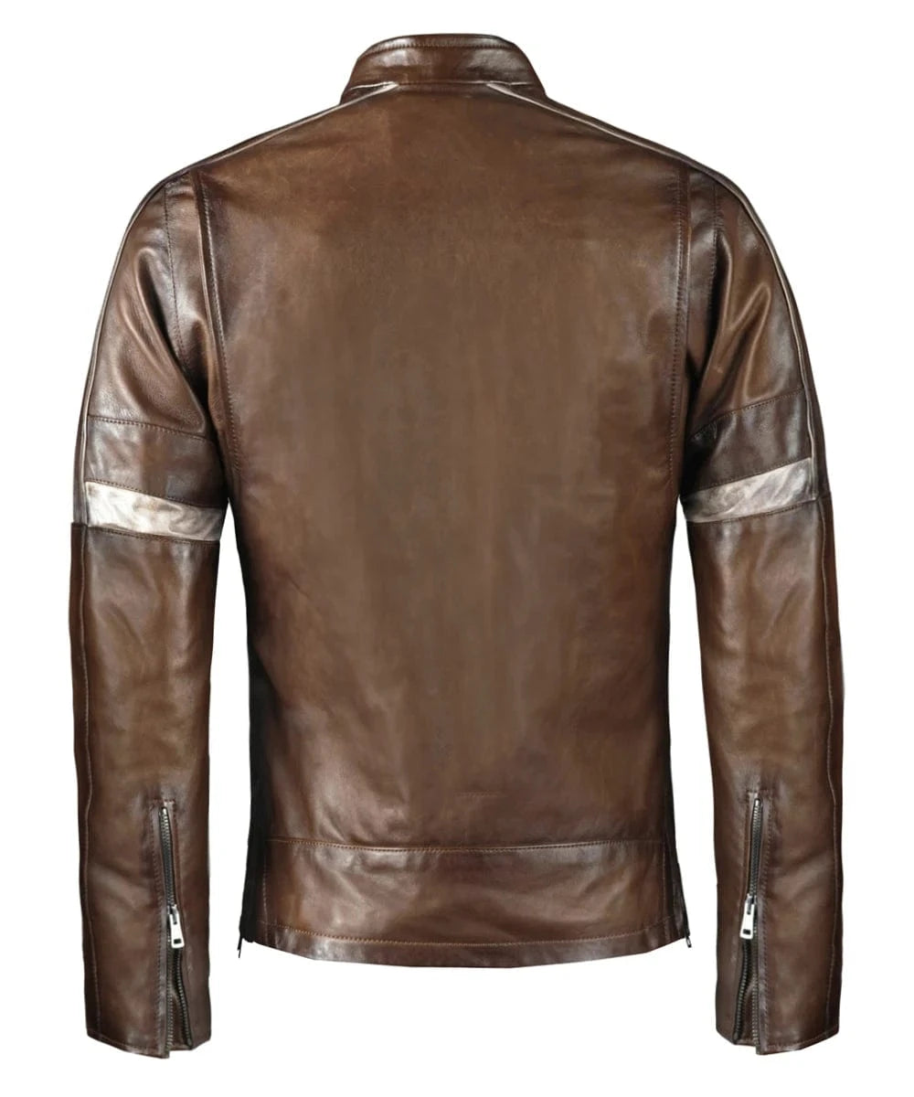 Back view of War of the Worlds replica brown leather cafe racer jacket with vintage stripe detailing and zip cuff accents
