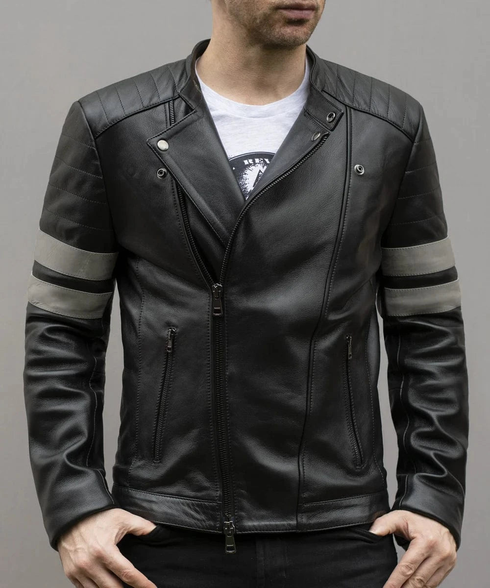 Male model wearing a black leather slim fit biker jacket with asymmetric zip front, quilted shoulders, silver sleeve stripes, and cafe racer styling