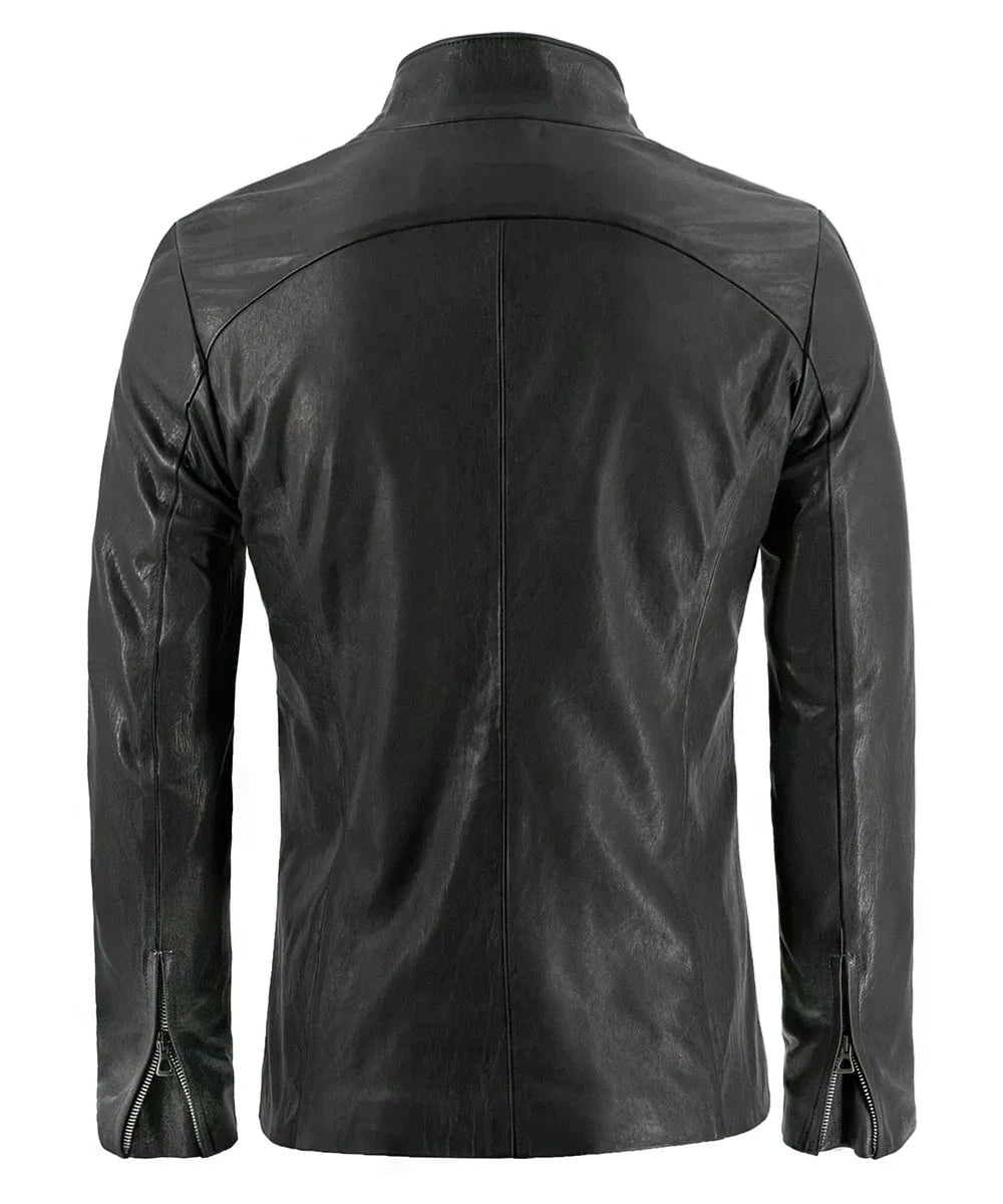 Rear view of the grey leather slim fit jacket with high funnel collar, zip cuffs, and minimalist futuristic styling
