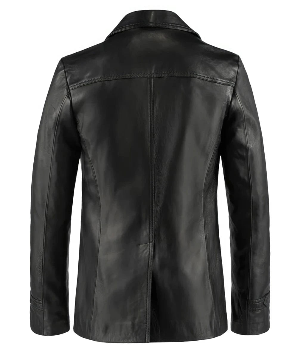 Rear view of the black leather Life on Mars TV replica jacket with slim fit tailoring, vintage wide collar, and clean retro styling