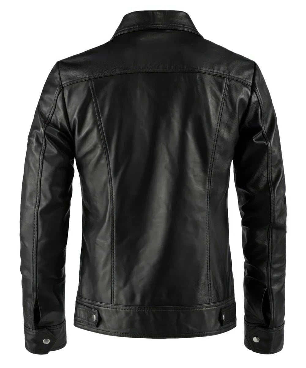 Back view of vintage slim fit black leather jacket with retro pointed collar styling and clean rear silhouette