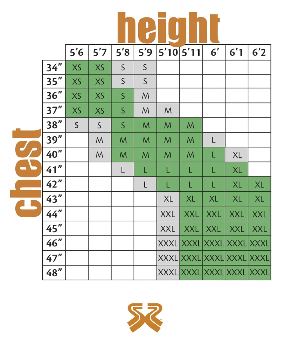 Useful men's size guide to help choose the correct leather jacket. Choose chest measurement down the left side and cross reference with height along the top.