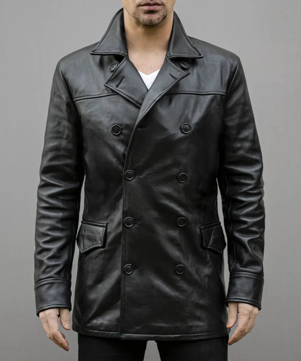 Model wearing men's black leather pea coat with slim fit vintage styling and classic double breasted design