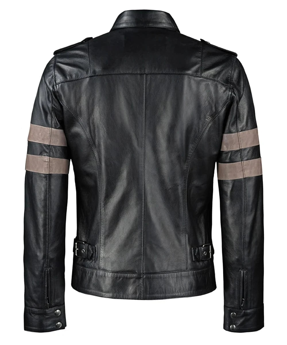 Back view of Resident Evil Leon Kennedy black leather jacket with slim fit military styling and contrast arm stripe detailing