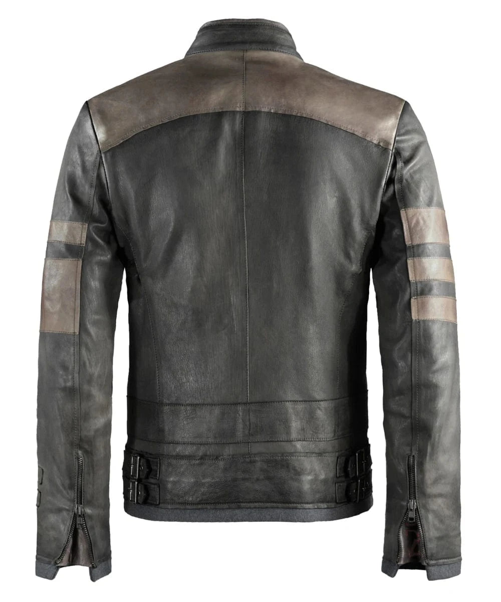 Back view of Starkiller replica grey leather jacket with slim fit sci fi styling and contrast panel detailing