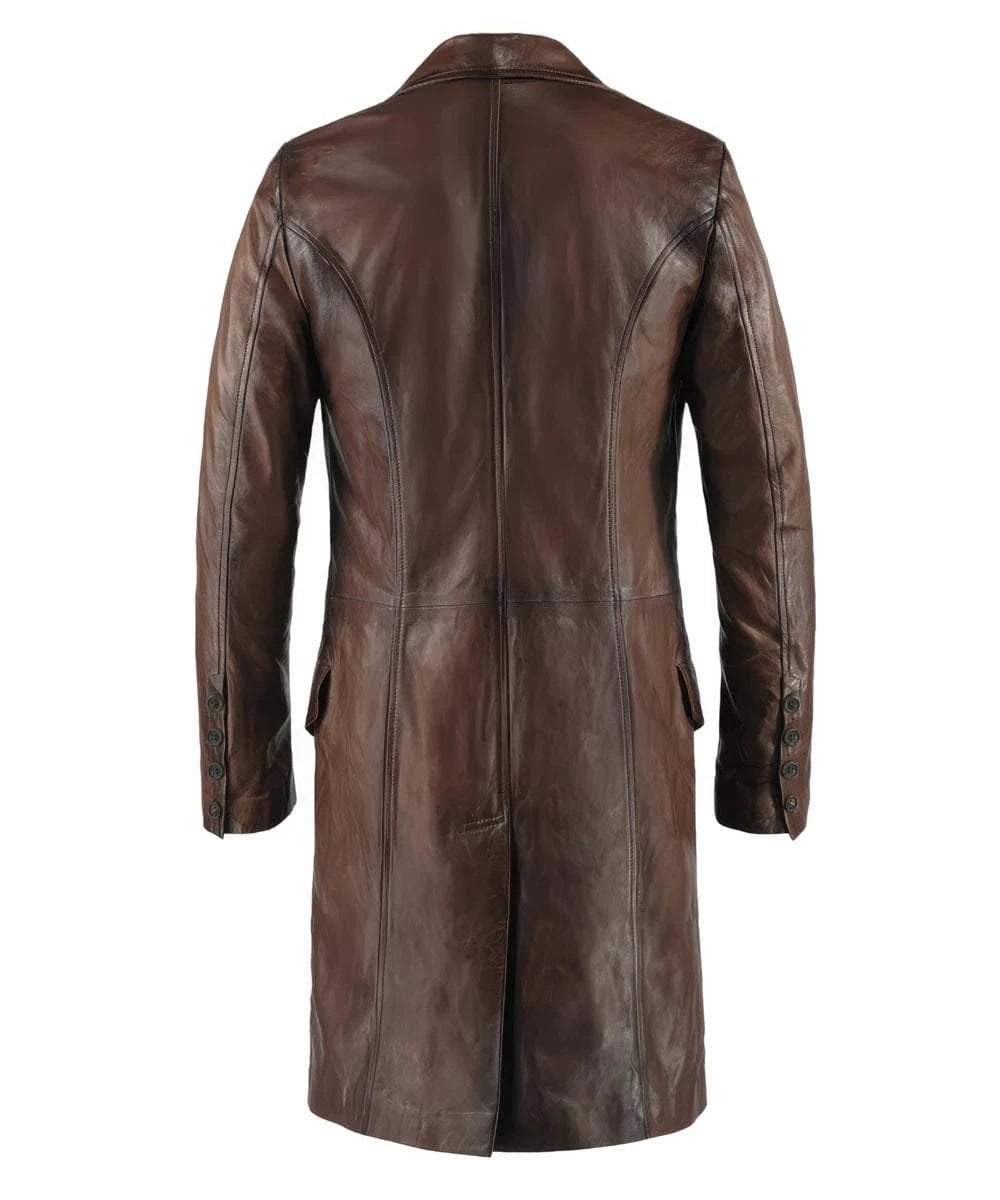 Back view of vintage brown leather coat with slim fit styling and classic tailored design