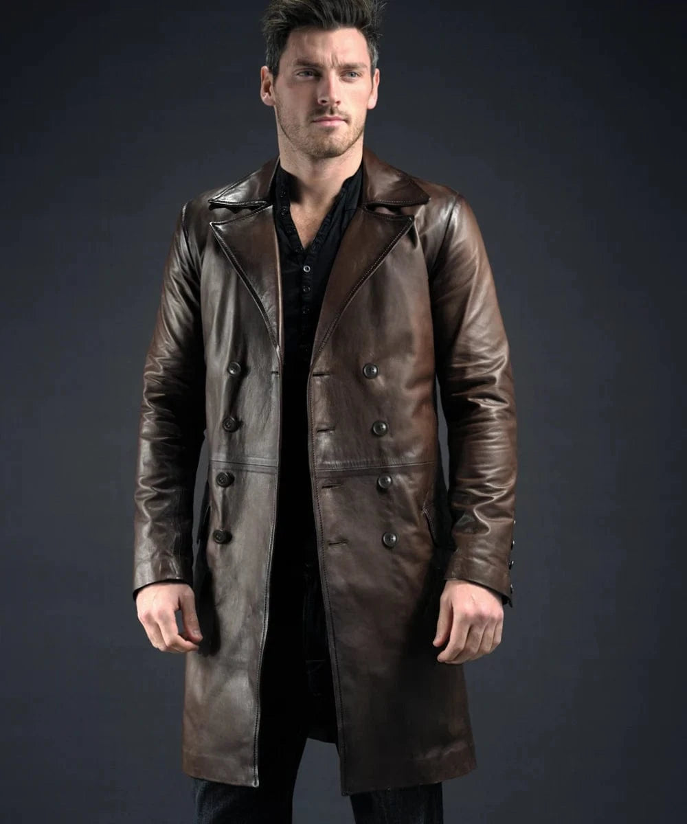 Model wearing vintage brown leather coat with slim fit styling and classic tailored design