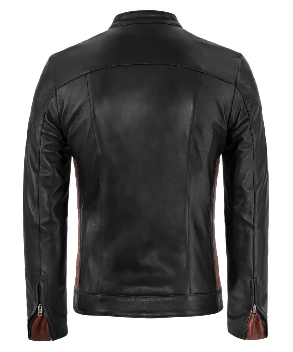 Back view of vintage black leather jacket with slim fit styling and contrast red leather detailing