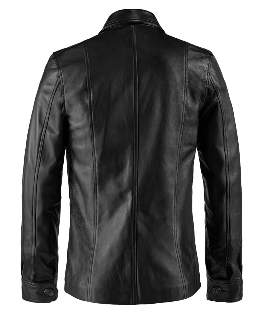 Back view of vintage black leather shirt jacket with slim fit styling and classic button front design