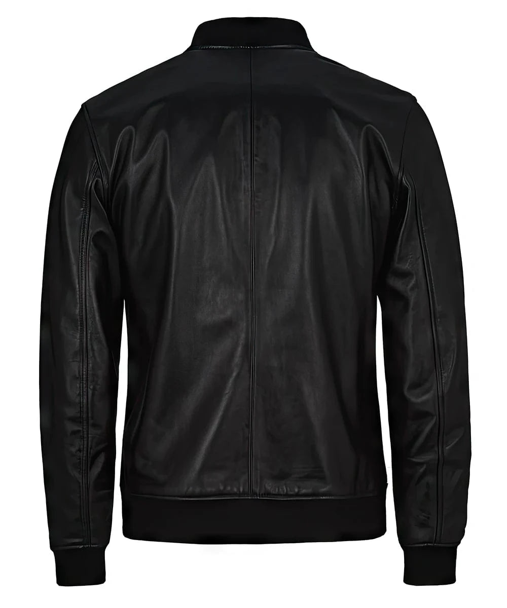 Back view of vintage black leather bomber jacket with slim fit styling and ribbed knit trim