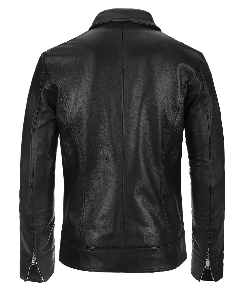Back view of vintage black leather jacket with slim fit styling and tailored panel detailing