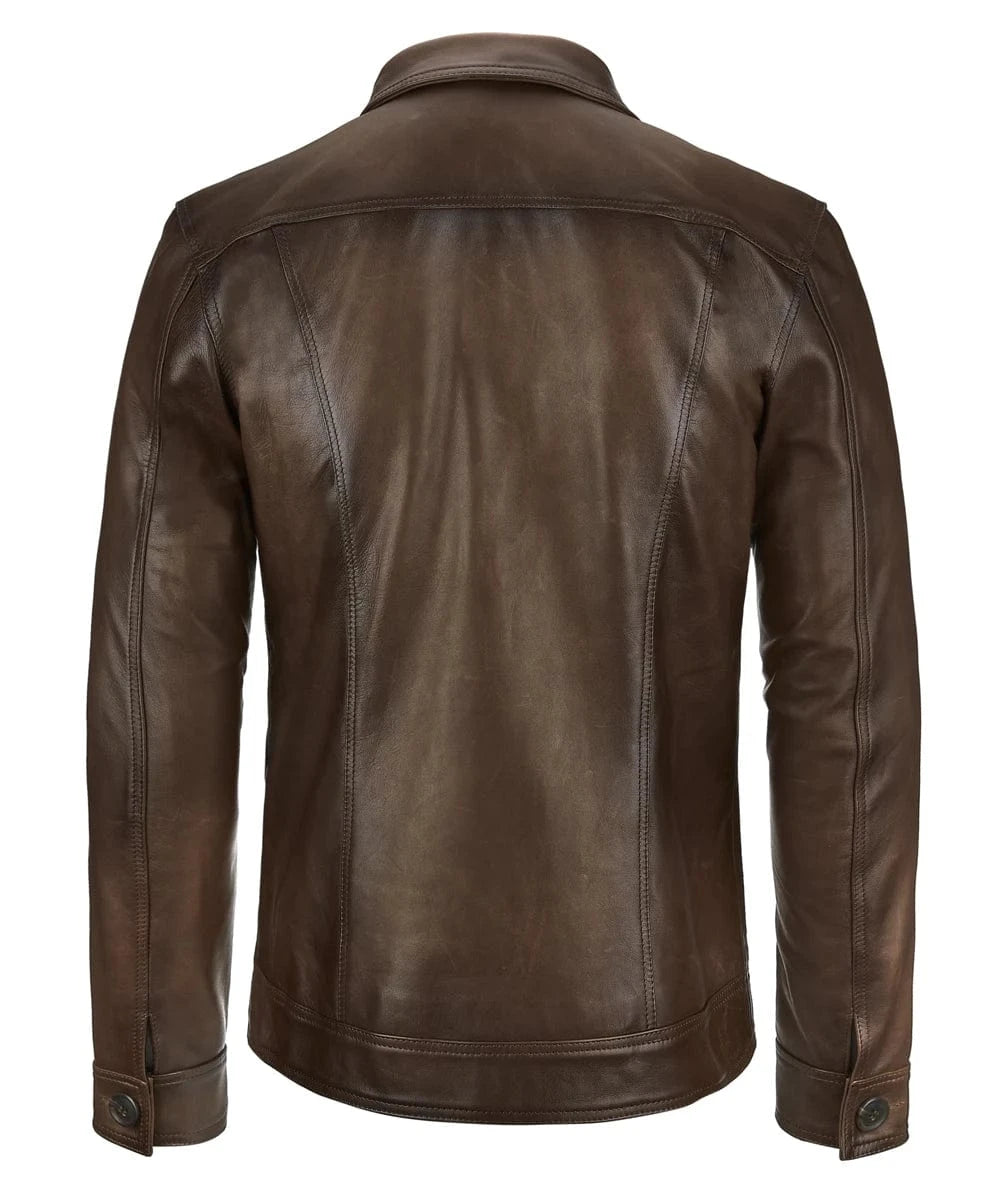 Back view of vintage brown leather trucker jacket with slim fit styling and classic trucker inspired design