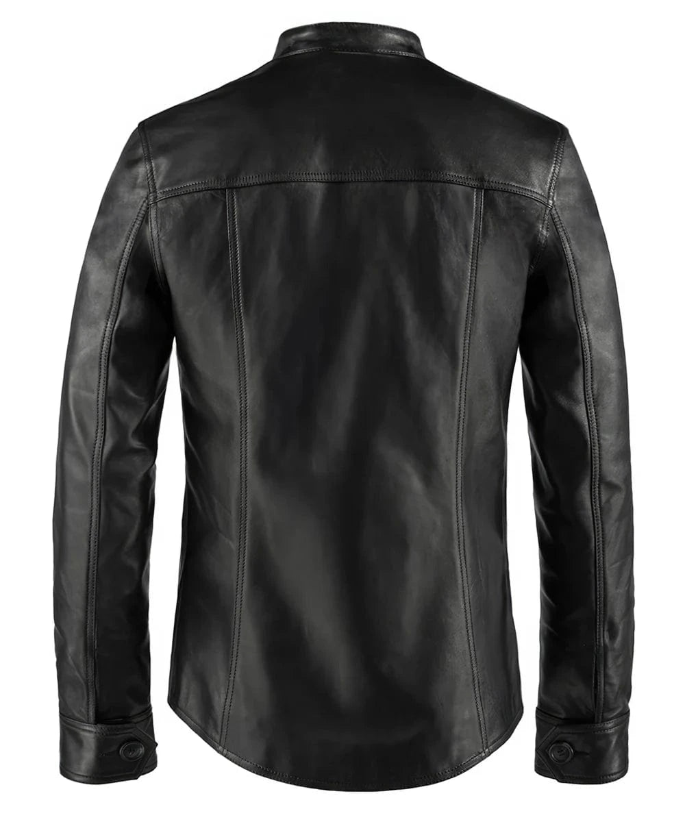 Back view of vintage black leather jacket with slim fit styling