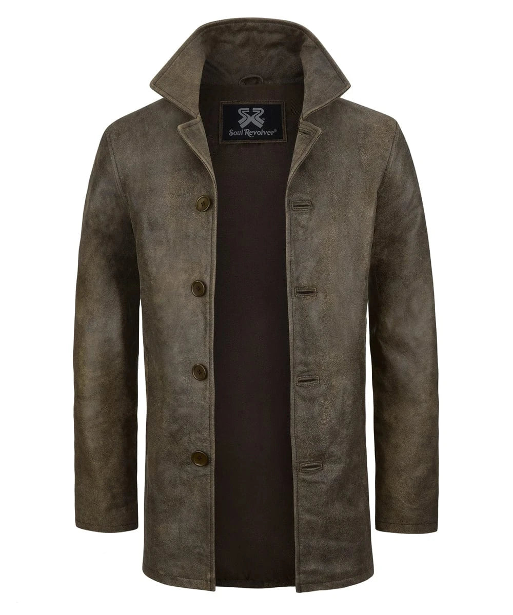 Front view of Dean Winchester Supernatural distressed brown cowhide leather jacket with vintage styling
