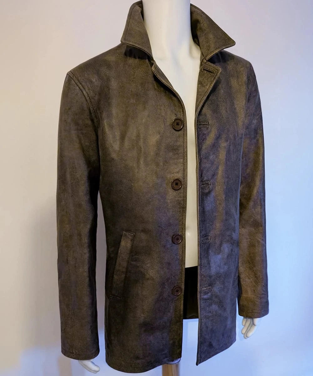 Mannequin front view of Dean Winchester Supernatural distressed brown cowhide leather jacket