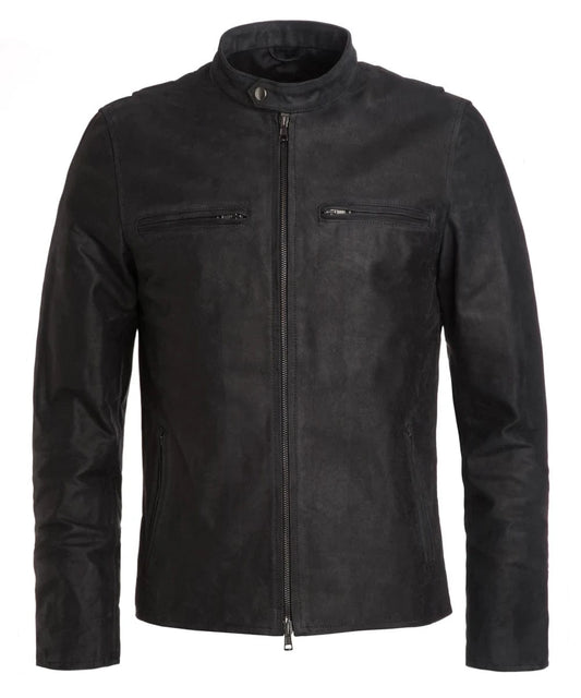 Black cafe racer calf leather jacket with stand collar and zip chest pockets front view