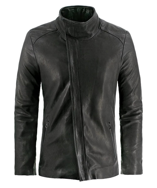 Grey leather slim fit jacket with concealed asymmetric zip front, high funnel collar, and minimalist futuristic styling