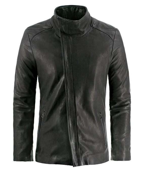 Grey leather slim fit jacket with concealed asymmetric zip front, high funnel collar, and minimalist futuristic styling
