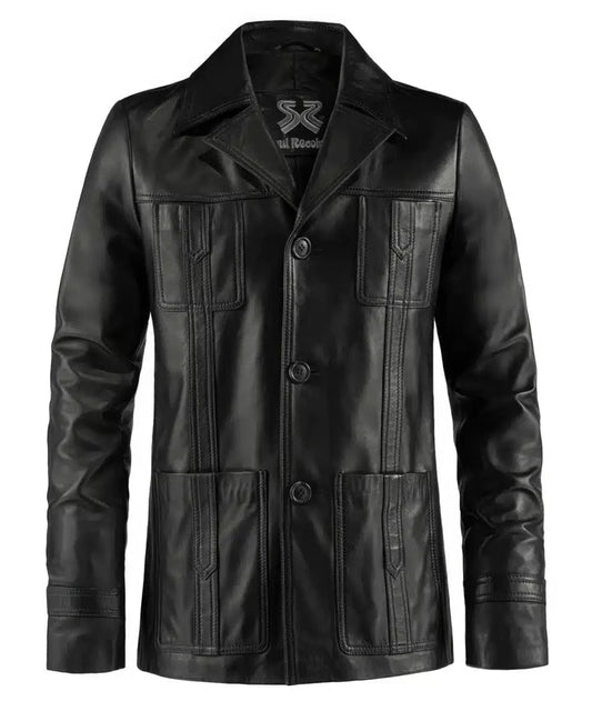 Black leather Life on Mars TV replica jacket with slim fit styling, vintage wide collar, button front closure, and retro utility pocket detailing