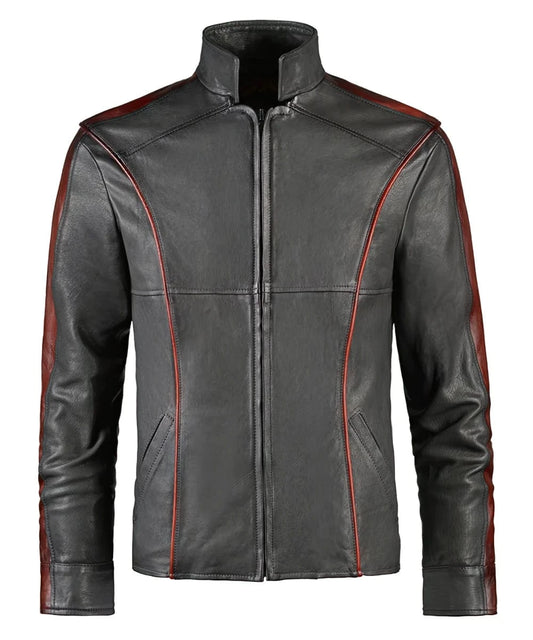 Mass Effect replica grey leather jacket with slim fit futuristic styling and contrast red piping detail