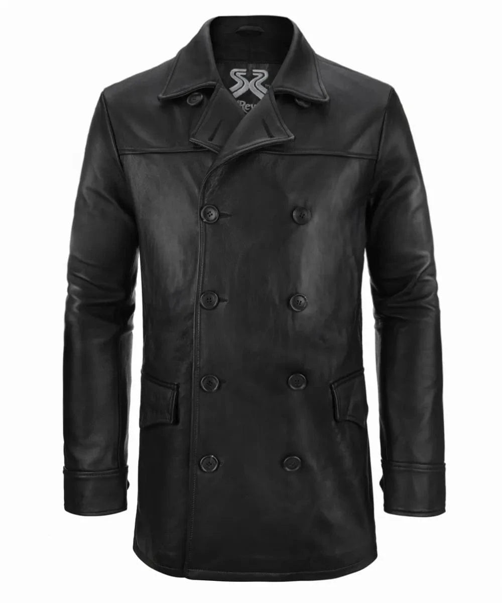 Front view of men's black leather pea coat with slim fit vintage styling and classic double breasted design