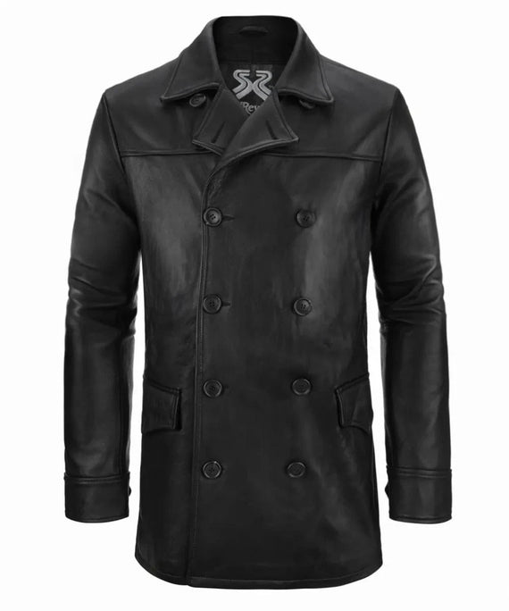 Front view of men's black leather pea coat with slim fit vintage styling and classic double breasted design