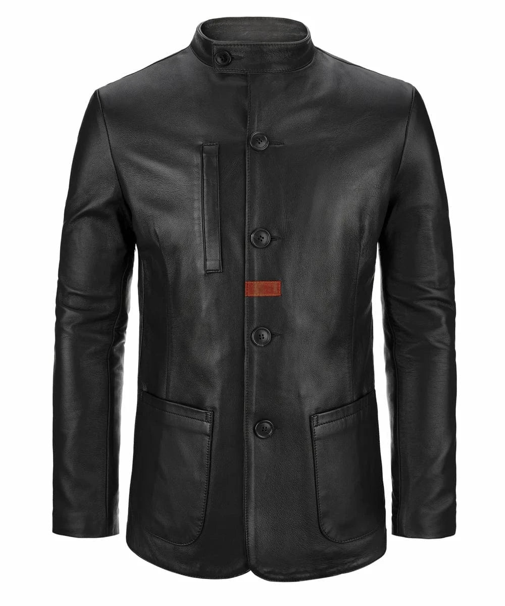 Front view of black leather jacket with slim fit modern military styling, stand collar, concealed button placket, and minimalist design