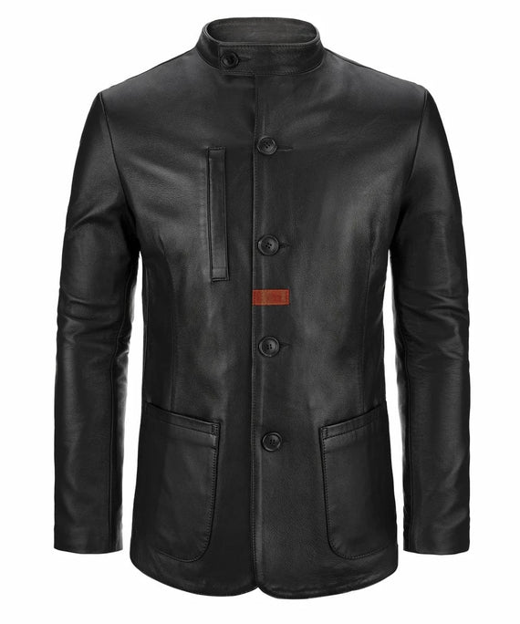 Front view of black leather jacket with slim fit modern military styling, stand collar, concealed button placket, and minimalist design