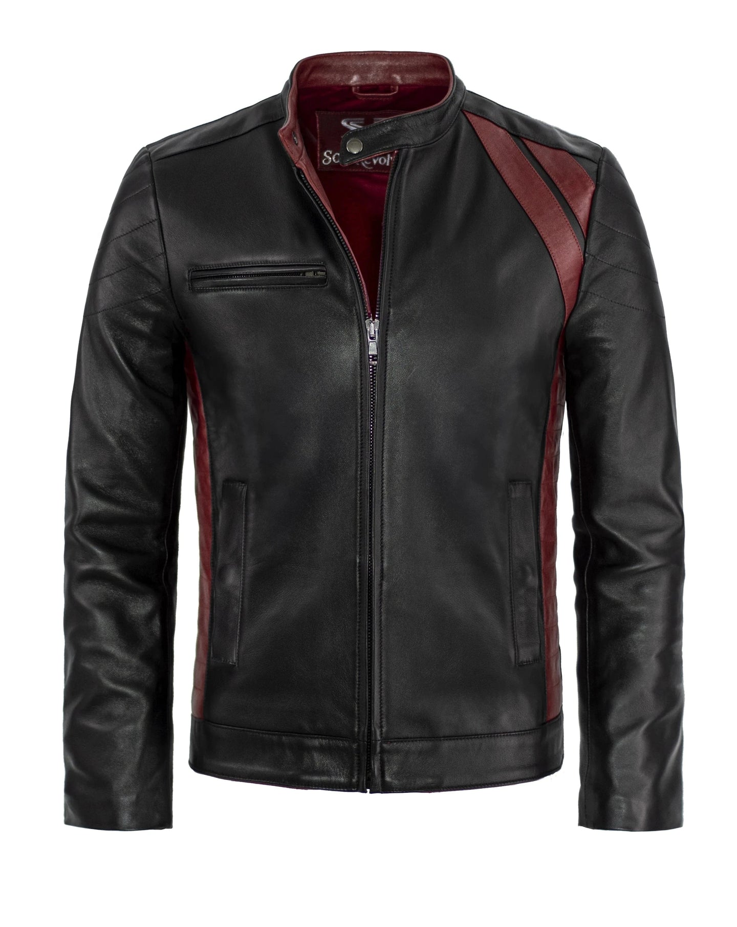Front view of vintage black leather jacket with slim fit styling and contrast red leather detailing