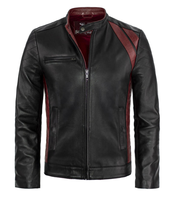 Front view of vintage black leather jacket with slim fit styling and contrast red leather detailing