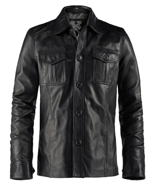 Front view of vintage black leather shirt jacket with slim fit styling and classic button front design