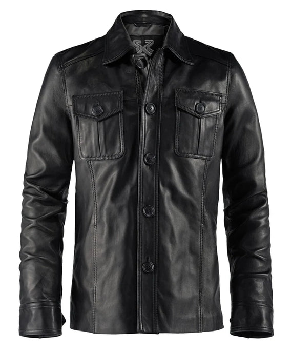 Front view of vintage black leather shirt jacket with slim fit styling and classic button front design