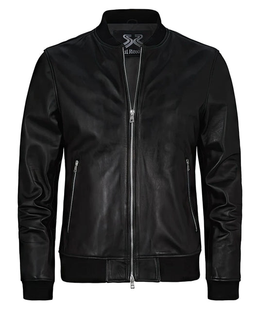 Front view of vintage black leather bomber jacket with slim fit styling and ribbed knit trim