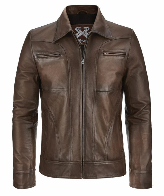 Front view of vintage brown leather jacket with slim fit styling and zip chest pocket detailing