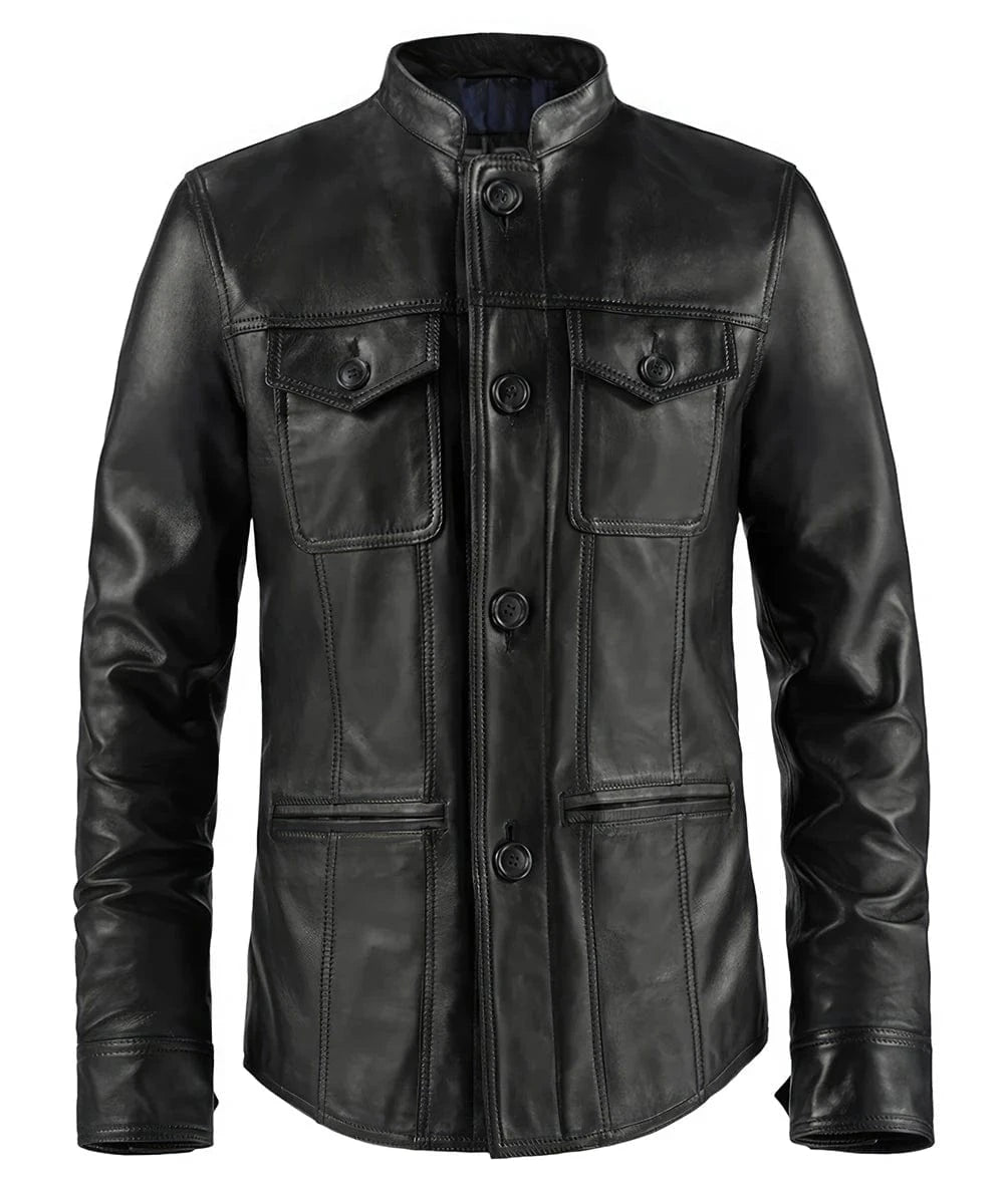 Front view of vintage black leather jacket with slim fit styling and button front design