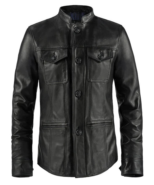Front view of vintage black leather jacket with slim fit styling and button front design