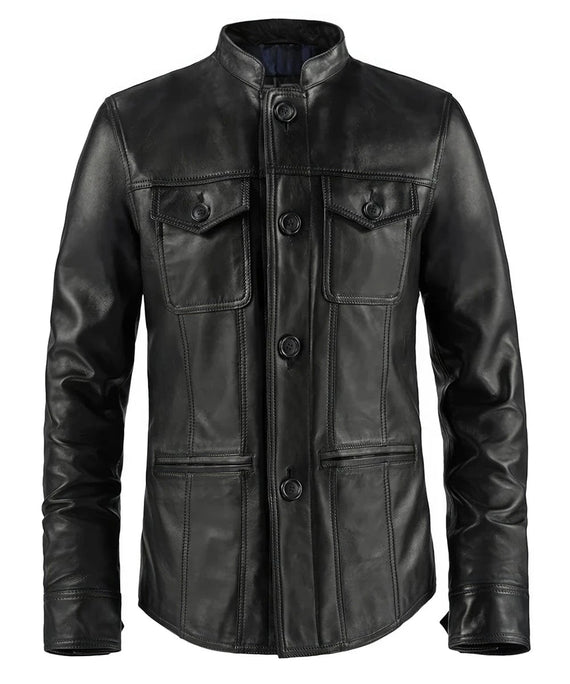 Front view of vintage black leather jacket with slim fit styling and button front design