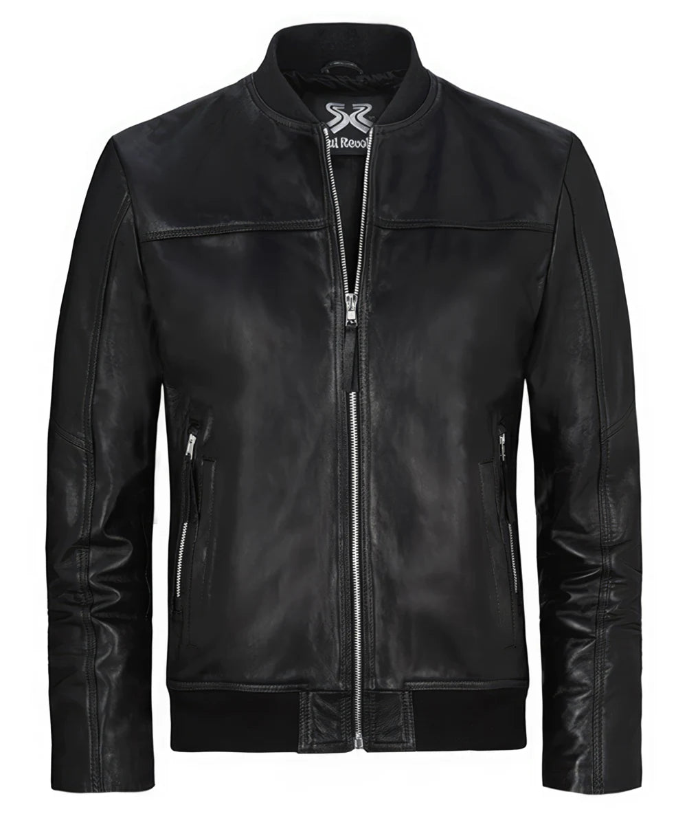 Men's black bomber jacket. Italian leather.