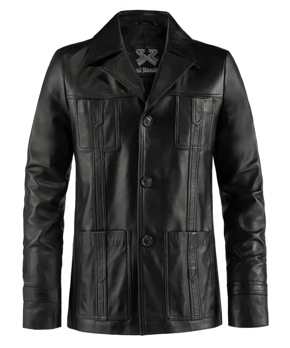 Premium black leather Life on Mars jacket with slim fit styling, vintage wide collar, button front closure, and retro utility pocket detailing