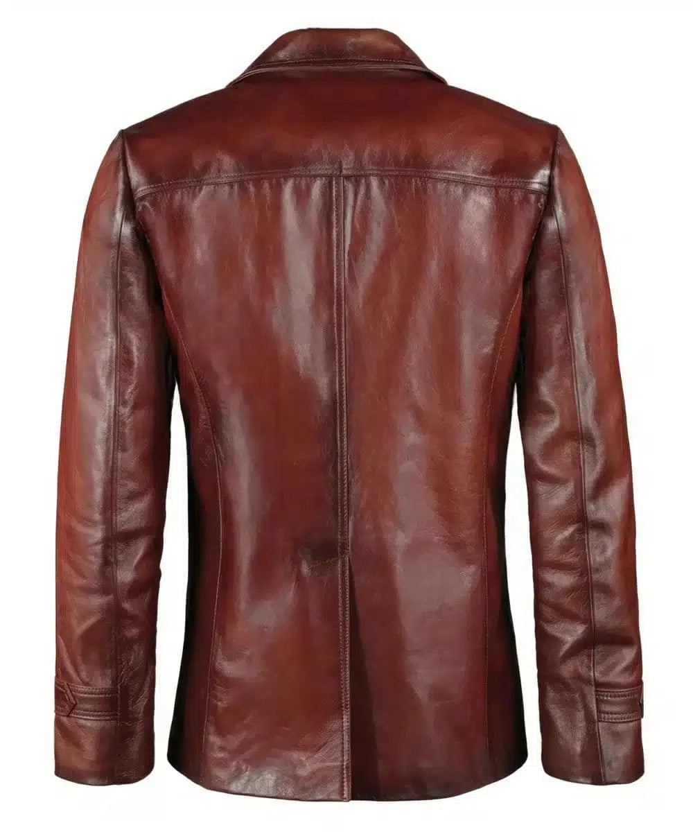 Rear view of the antique red leather Life on Mars jacket with slim fit tailoring, 1970s styling, and retro panel detailing