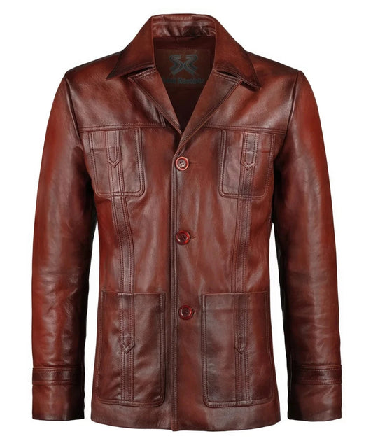 Antique red leather Life on Mars  vintage style jacket with a modern slim fit, button front closure, and retro utility pocket detailing