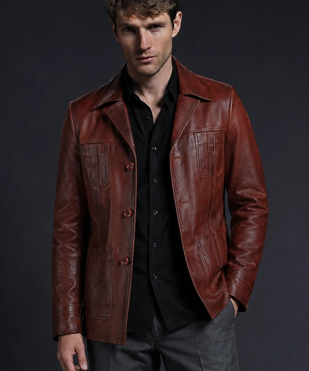 model wearing hip length retro red leather jacket