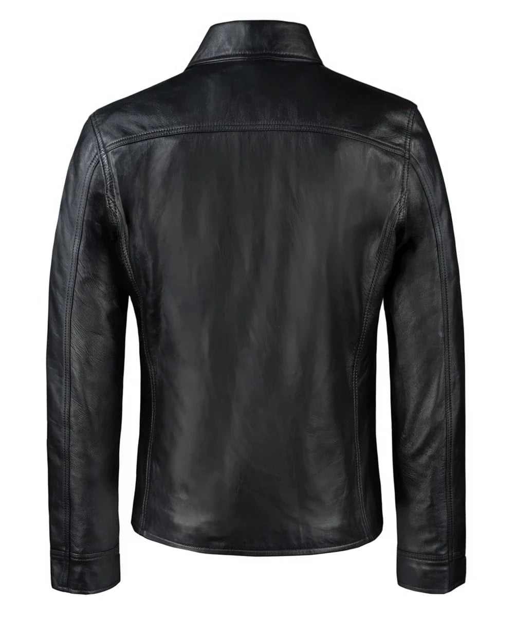 Back view of Looper black leather jacket with slim fit vintage styling and clean rear silhouette