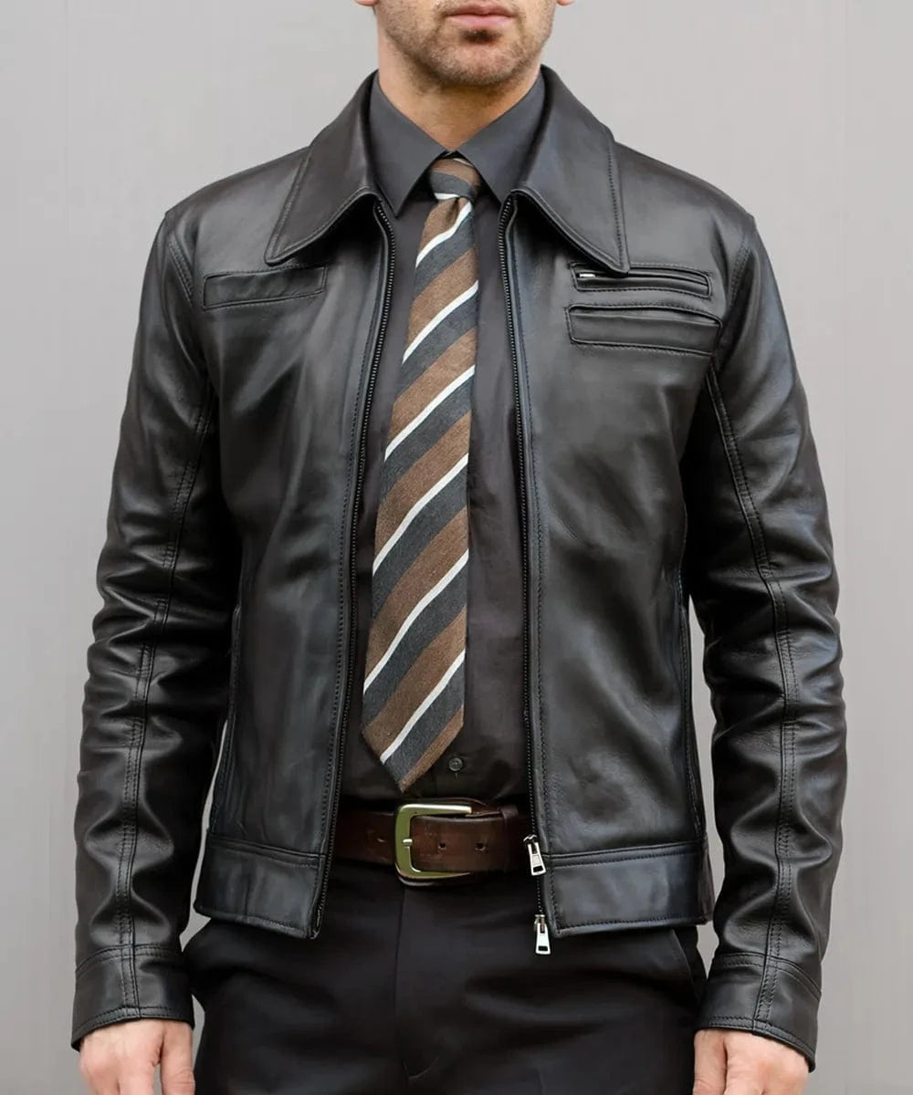 Model wearing Looper black leather jacket with slim fit vintage styling and retro pointed collar detail