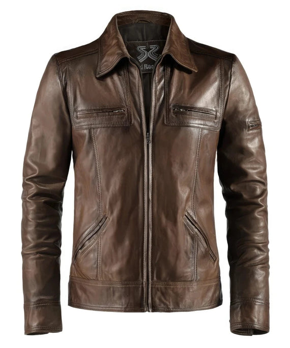 Vintage slim fit brown leather jacket with retro pointed collar styling and zip chest pocket detailing