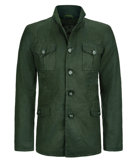 Green safari field jacket with button front and high collar front view
