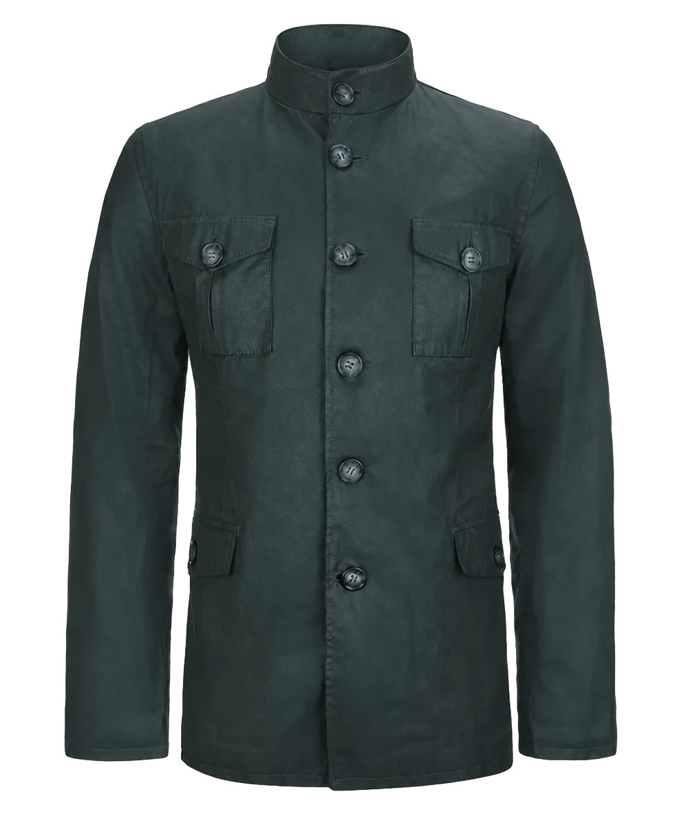 Green safari field jacket with band collar and button front view